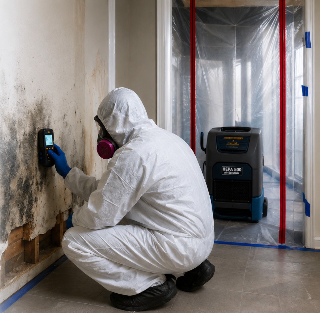 IICRC-certified mold remediation technician in full PPE inspecting mold damage with moisture meter and HEPA air scrubber on site